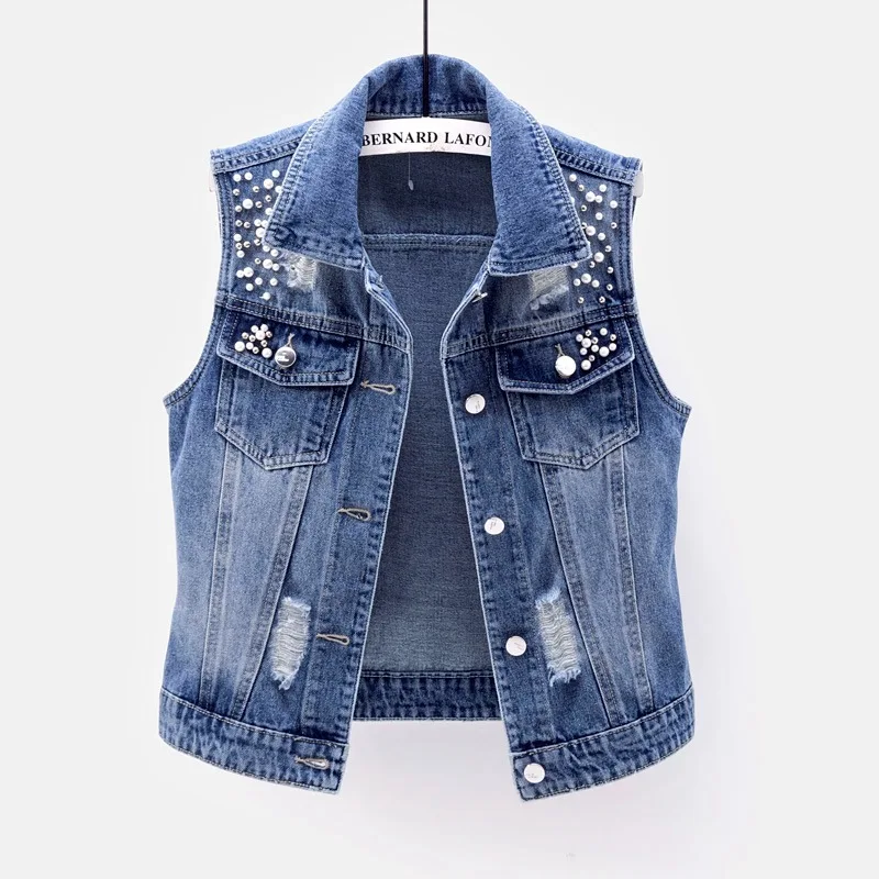 2024 Custom Womens Beading Pearls Sleeveless Denim Vest Jean Denim Vests Pattern Denim Vest for Women