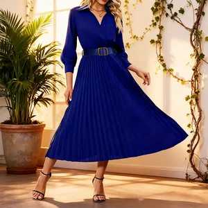 Elegant Pleated Maxi Dress for Office Women with Lapel and Long Sleeves for Casual Wear