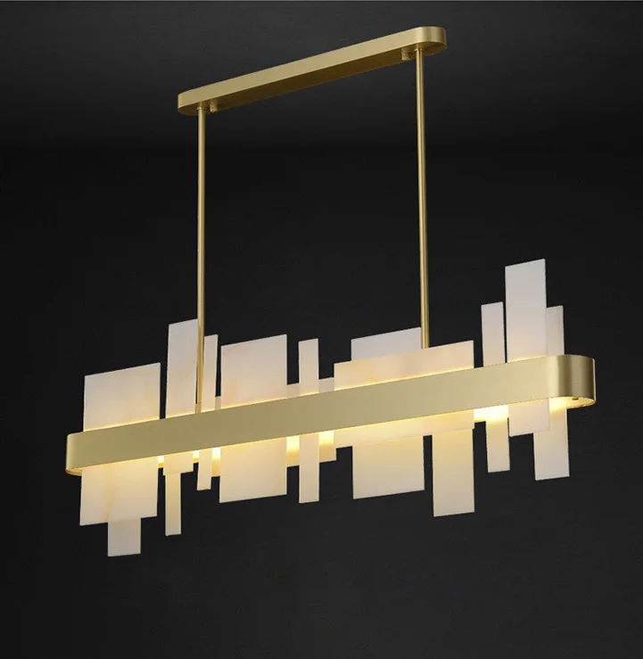 Minimalistic Nordic Style Copper Chandelier Simple Design Spanish Marble Pendant Light Rectangle Long for Decorative Lighting