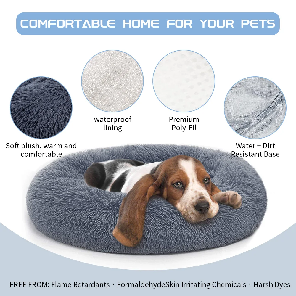 New Arrivals soft plush washable warm fluffy luxury calming round donut pet dog bed details