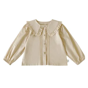 6663/lapel Lace Shirt Spring&autumn Girls Baby Casual Turn-down Collar Lotus Leaf Collar Blouse Puff Sleeve 100%cotton Loose