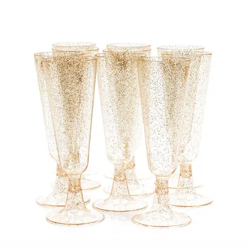 5Oz Disposable Plastic Champagne Flutes Mimosa Glasses Gold Glitter Plastic Champagne Glasses with Gold Rim for Party Weddings