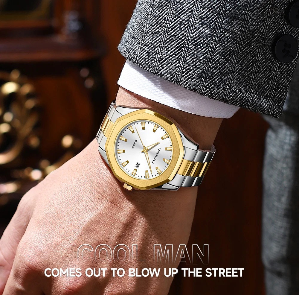 Crrju 5004 Men Watches Stainless Steel Trend Design Sport Watch Waterproof Big Dial Golden Luxury Japan Quartz Wristwatches