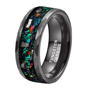 Coolstyle Jewelry 8mm Gunmetal Hammered Tungsten Ring for Men Women Real Meteorite Galaxy Opal Inlay Engagement Wedding Band