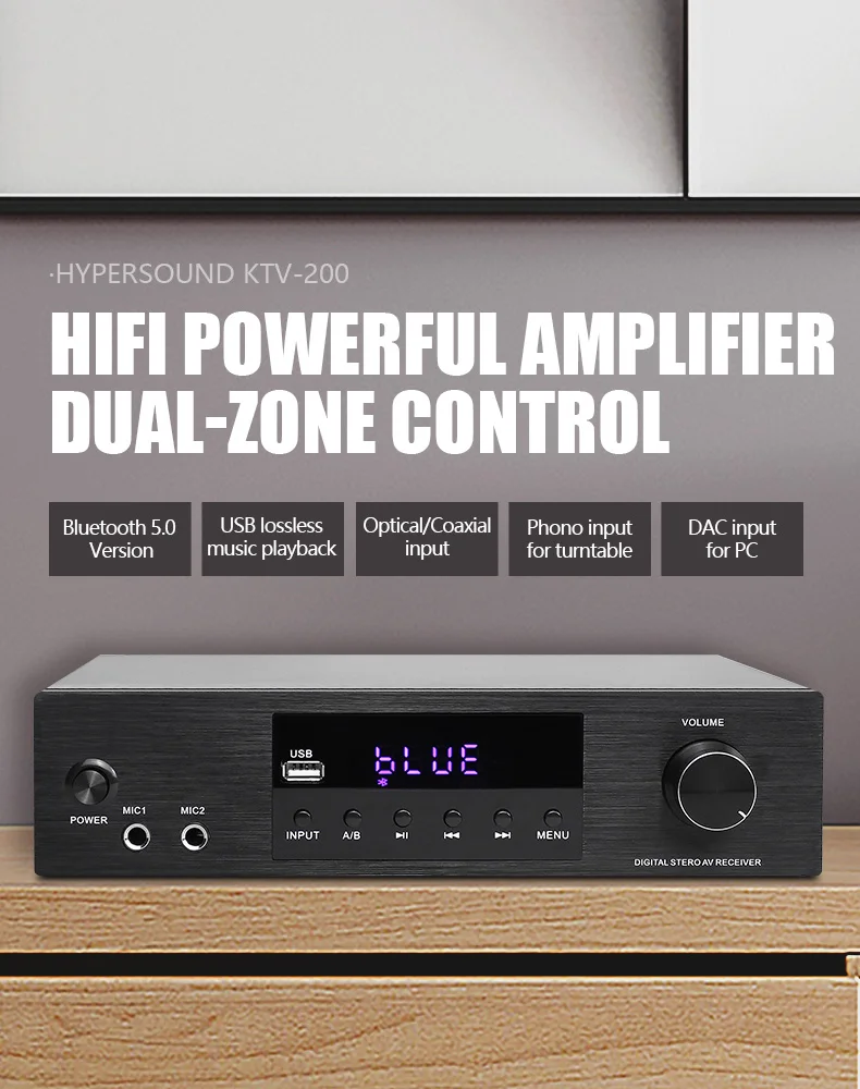 2024 New Arrival Karaoke HD Hifi AV Receiver Amplifier with A/B/A + B KTV-200