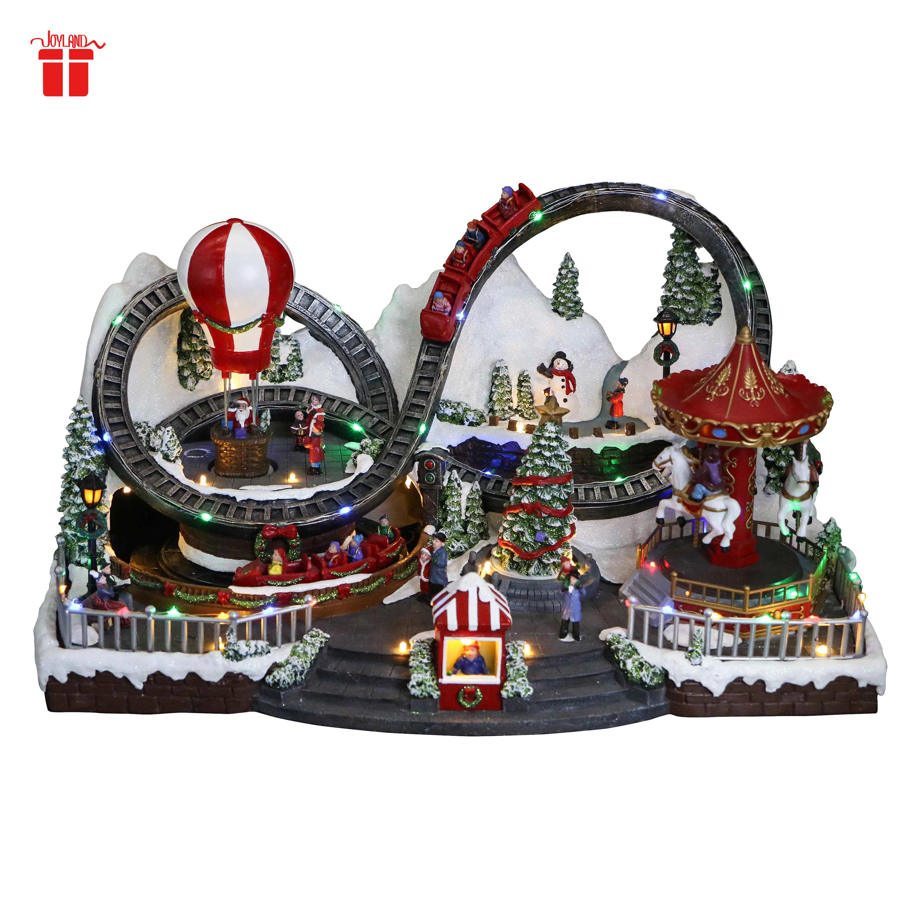 LED Light Moving Christmas Fun Fair Carousel and Hot Balloon Moving Train and Xmas Tree Handmade Sculpture Musical Craft