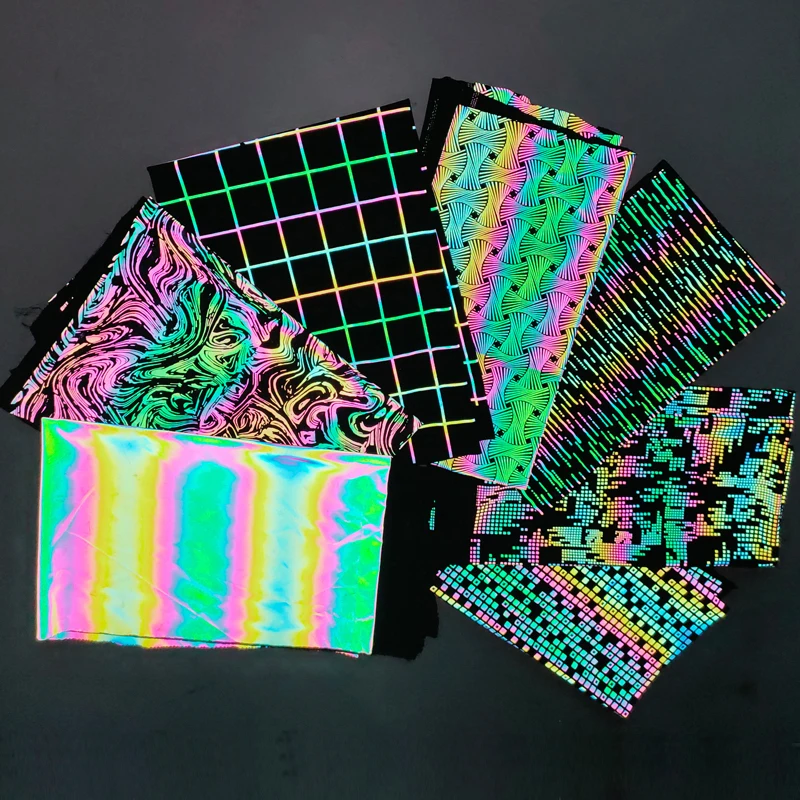 High Visible Printing Light rainbow Reflective Polyester Spandex Stretch Knitted Fabric for Fashion Dress Leggings Headbands