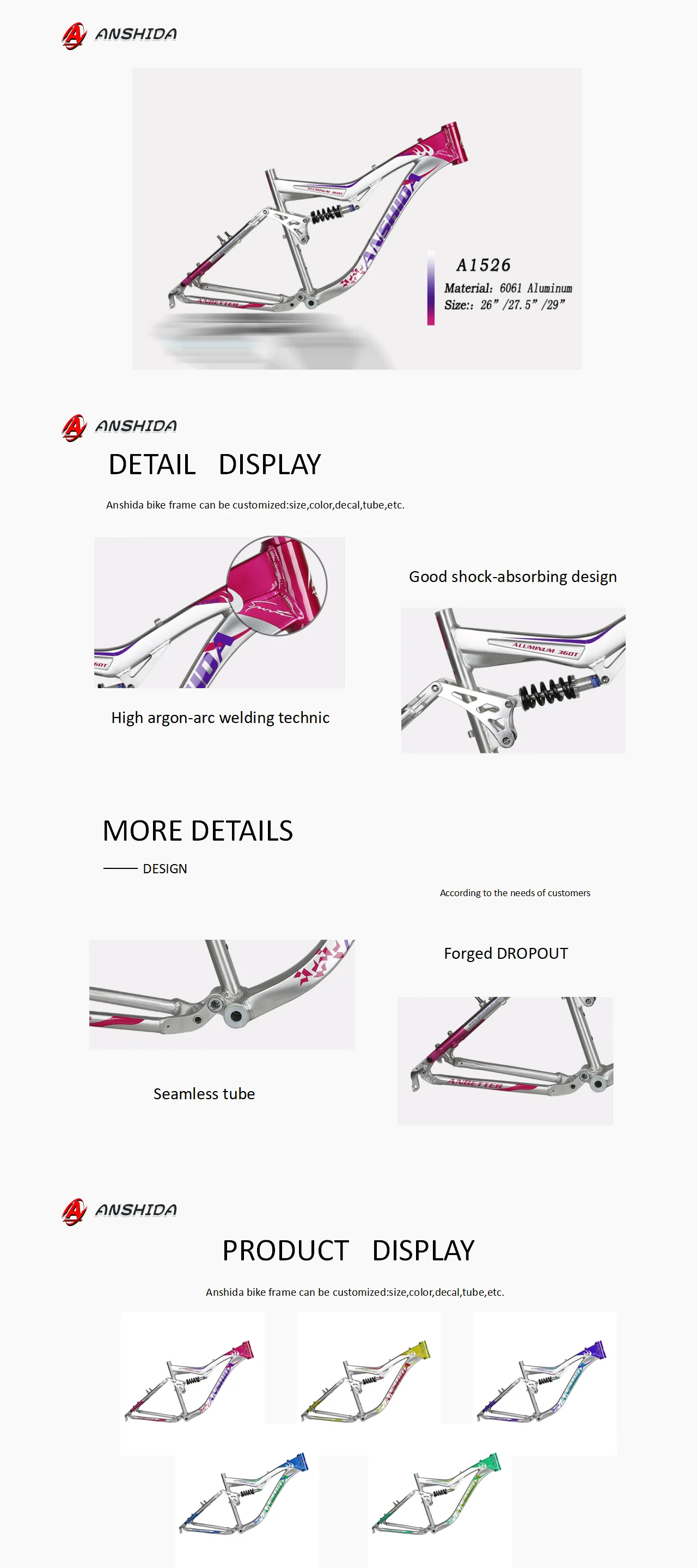 26 Inch Customized Full Suspension Aluminum Alloy 6061 Bicycle Frame ...
