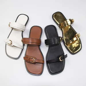 Summer Line Belt Back Empty Women's Shoes Black Buckle Breathable square Head Fashion Flat Cool Sandals
