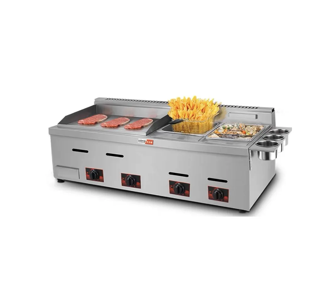 電気鉄板焼き機 2タンク2バスケットフライヤー付き商用電気グリドル電気加熱ガス鉄板焼