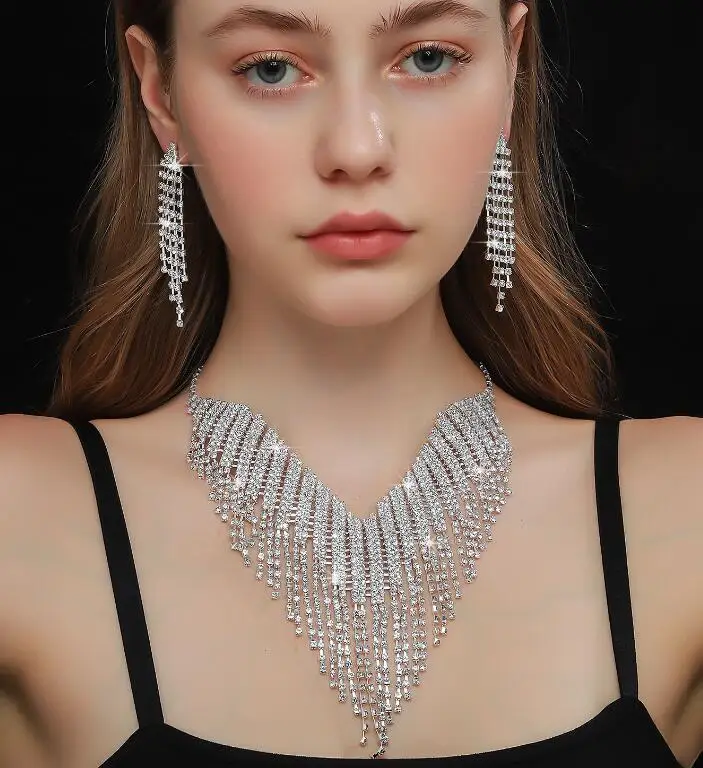 Europe and the United States Rhinestone Tassel Collarbone Chain New Exaggerated Wholesale Custom Jewelry Sets Necklace Set
