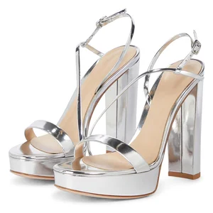 Factory Wholesale Silver PU Thick Heel Platform High Heels Ankle Buckle Strap Open Round Toe Party Wedding Shoes