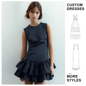 Custom Women's Clothing 2025 Autumn New Simple Versatile Plaid Layered Decorative Round Neck Sleeveless Short Casual Dress