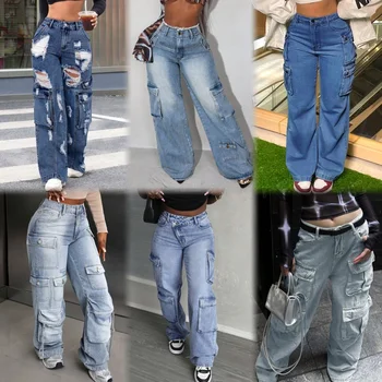 Factory direct wholesale super size casual high waist classic pocket pants wide leg pants women breathable cargo pants OEM women