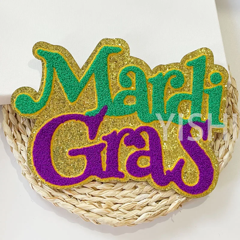 Wholesale Large Chenille Letter Mardi Gras Iron On Patch Purple Green