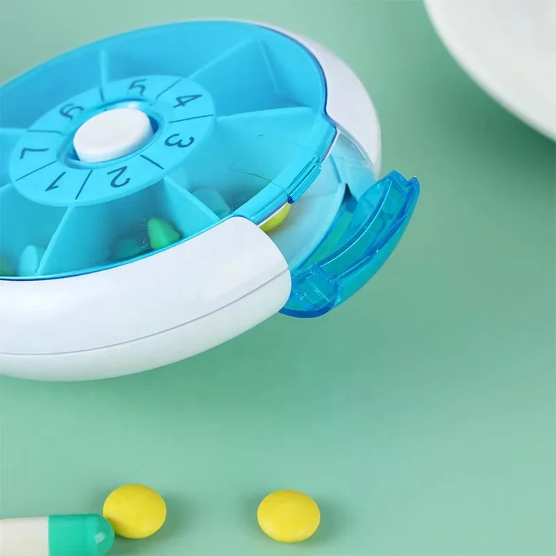 7 Days Rotating Pill Box Pill Storage Box Portable Round Promotional Small Plastic PP Plastic Blue and White Pill Organizer Box