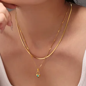 MW Trendy 18K Gold Plated Double Layer Chain Natural Stone Lock Stainless Steel Pendant Necklace for Women for Anniversaries