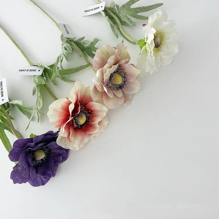 High Quality Artificial Silk Anemone White Flower Poppy Flocked Stem