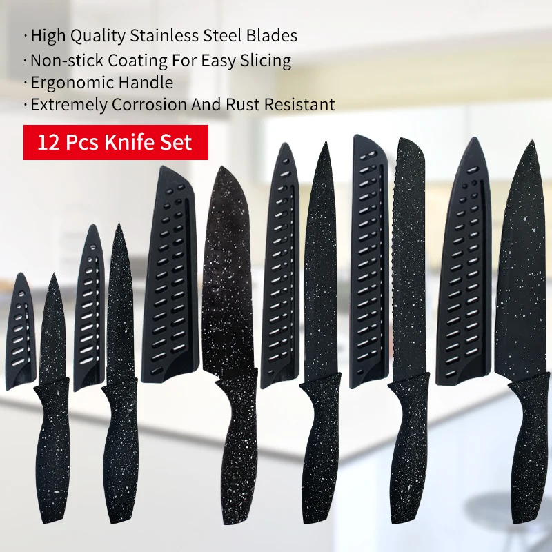 Wholesale Multifunctional Chef Knife Set Stainless Steel 6 PCS Non-stick Coated Kitchen Knife Set with Plastic Sheath