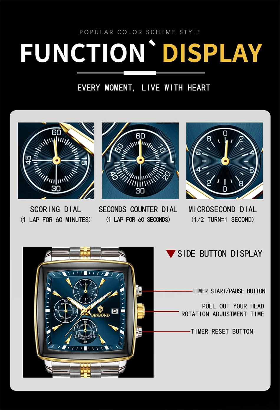 BINBOND Luxury Gold Blue Square 40mm Chronograph Dial Watch for Men B911