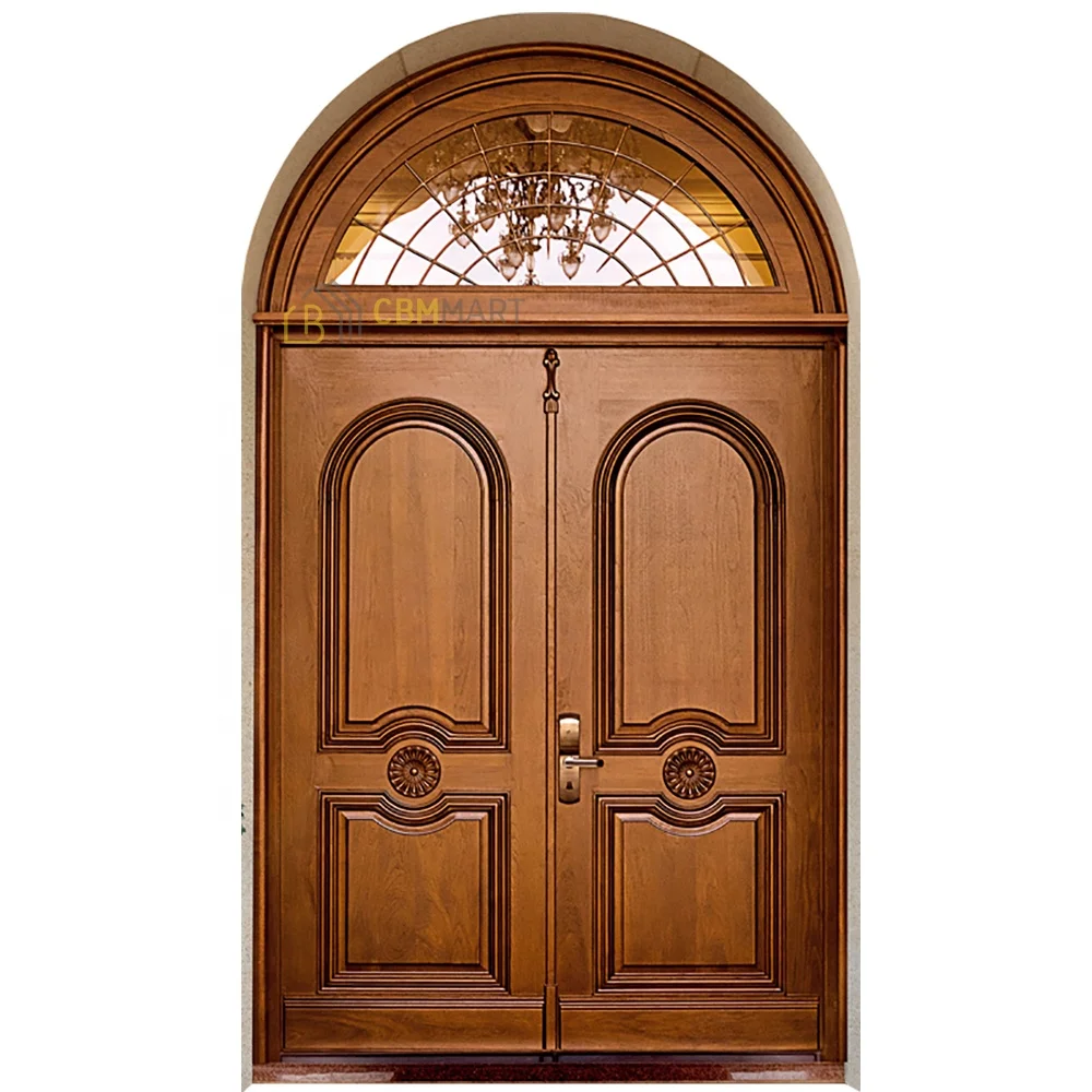 CBMmart Medieval Square Frame Double Arched Wooden Door Front Pivot Iron Window Frame Entrance Solid Wood Doors