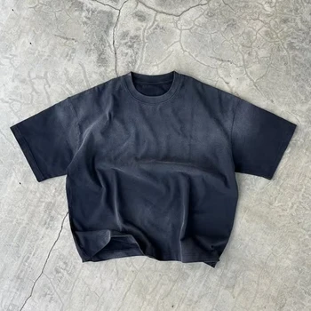 OEM Manufacturer Streetwear t-shirt Boxy Cropped Cotton  Sun faded Acid Washed t-shirt  Drop Shoulder with logo t-shirt For Men