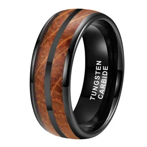 Coolstyle Jewelry Wholesale 8mm Whisky Barrel Wood Inlay Black Tungsten Ring for Men Women Fashion Engagement Wedding Band