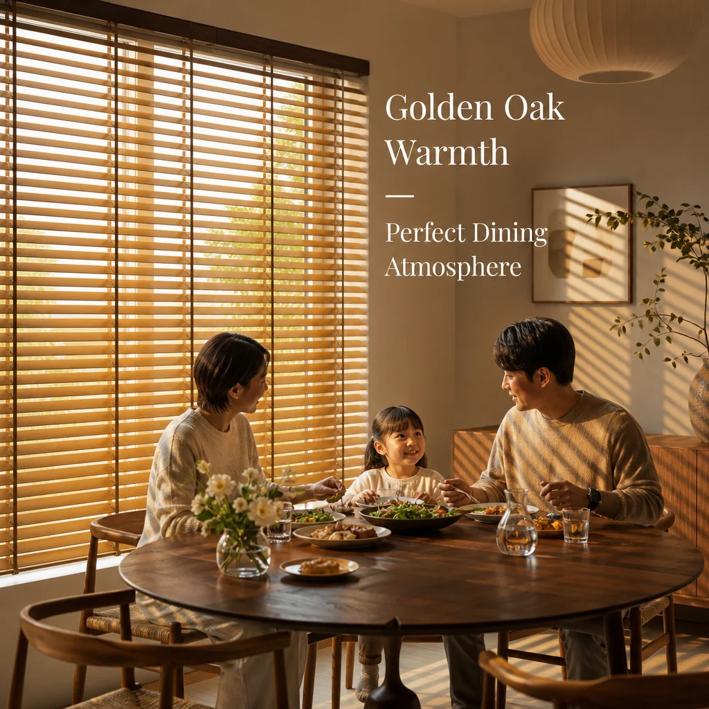 Venetiese blinders, 50 mm, gevarwe eik met natuurlike houtkorrel, lêerstring, eetkamer, Japandi-styl, hotel, aangepaste grootte, OEM-fabriek, groothandel
