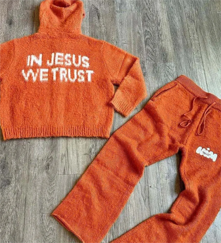 OEM Custom Logo Fuzzy Knitwear Sweater Fashion Knitwear Letter Jacquard Sweater Zip-up Men Streetwear Knit Hoodie Set Unisex gallery 10