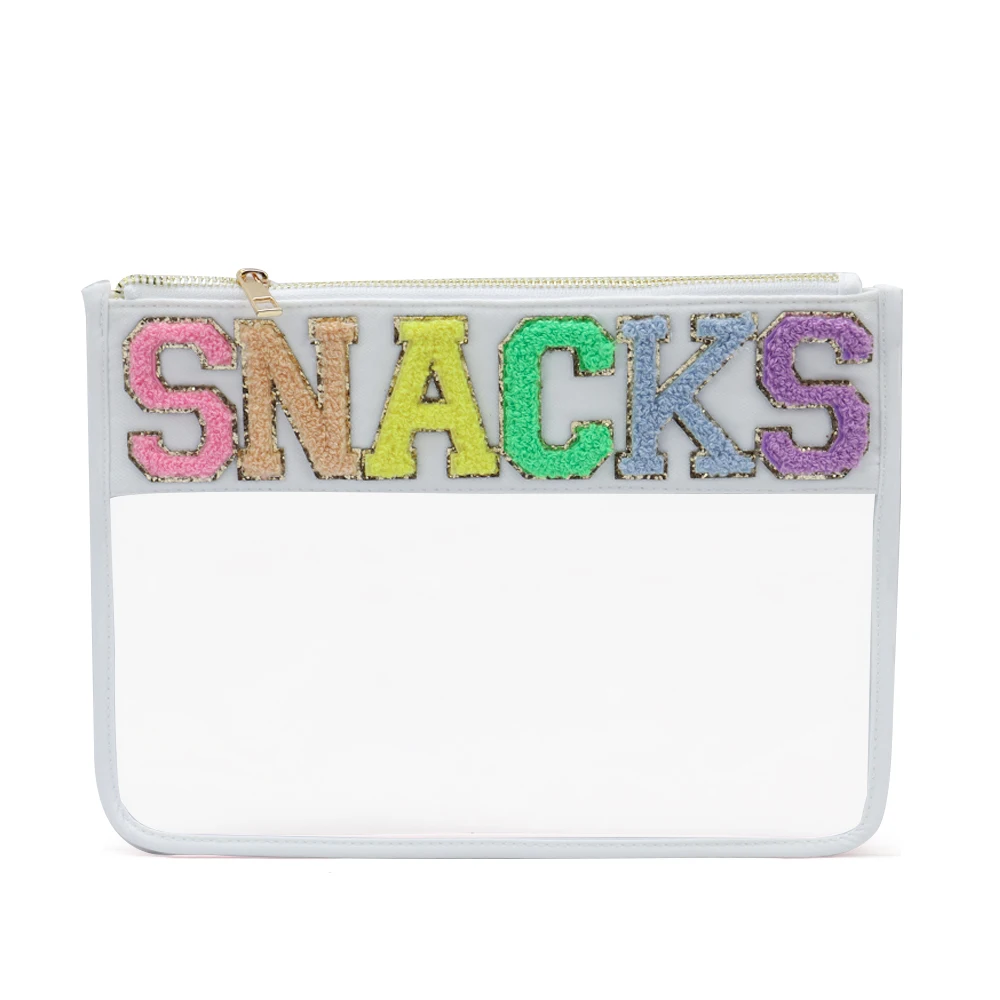 Snacks Letter Transparent Low Price PVC Cosmetic Bag Clutch Women Clear Makeup Bag Flat Zipper Pouches Make up Cosmetic Bag