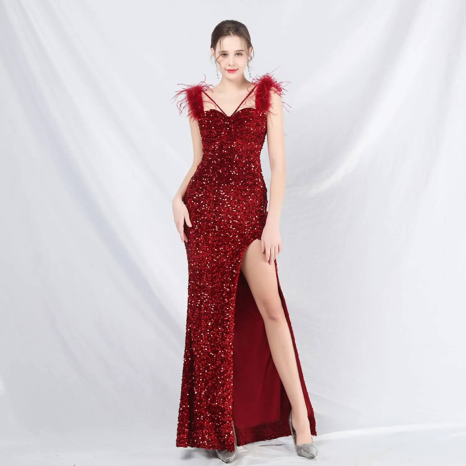 Natural Waistline V-Neck Sleeveless Beaded Floor-Length Bridesmaid Dress - OEM