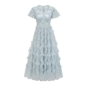 Women Summer Elegant Ball Gown Dress Short Sleeve V-Neck Floral Printed Striped Efible Tree Fungus Long Evening Party Prom