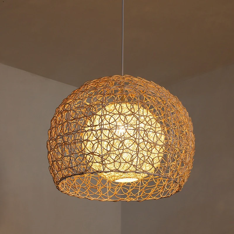 Japanese Simple Style Chandelier Creative Rattan Weaving Pendant Lamp Light for Bedroom Living Room Restaurant