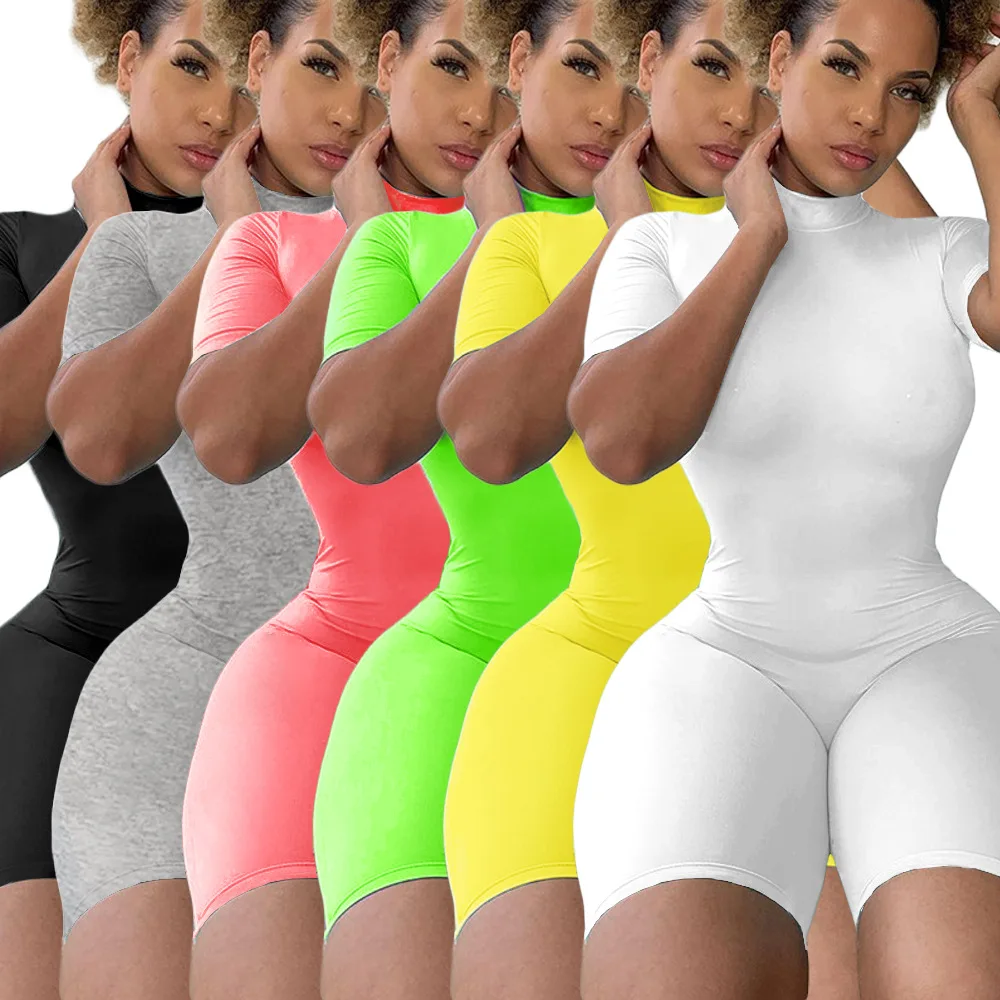 Fitness Women Streetwear Neon Bodysuit Women Mock Neck Short Sleeve Casual Playsuit High Elastic Sexy Tight Sports