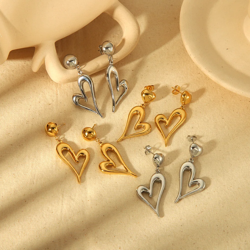 Wholesale Minimalist Tarnish Free Stainless Steel 18k Gold Plated Heart  Drop Earrings Hollow Gold Heart Earrings for Women