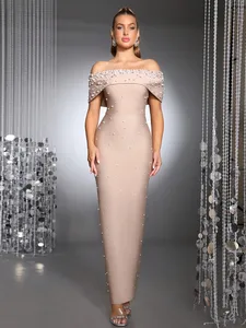 Sexy Women's Pearl Design Bandage Dresses One Collar Shoulder Bodycon Bareback Long Dress Evening Party Vestidos