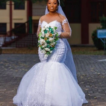 2021 Customize Long sleeve Luxury Appliques Pearls African Mermaid Wedding Dress Plus Size Fishtail Bridal Gown