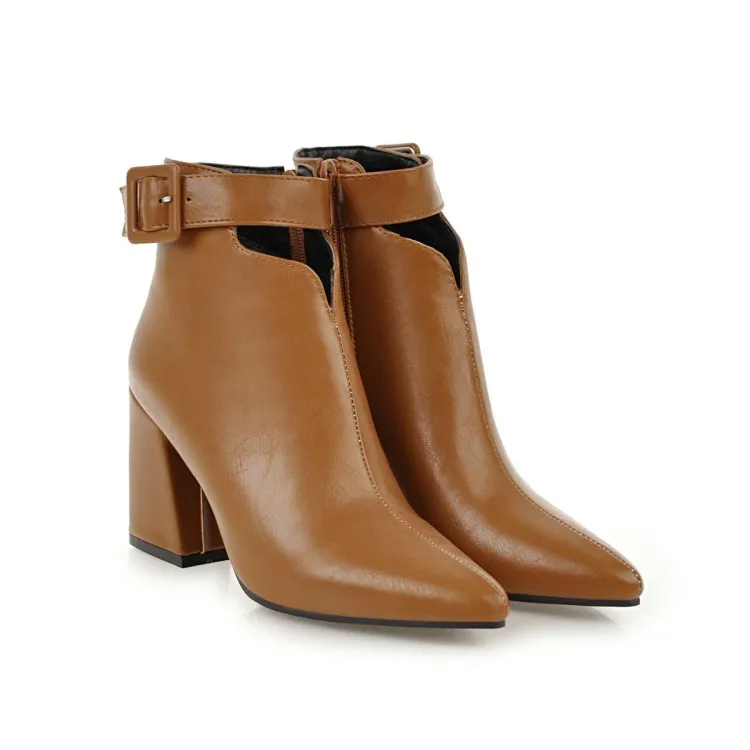 Ladies Brown Leather Elegant Pointed Toe Big Size Buckle Strap V-cut Opening Zipper High Heels Ankle Boots - Image 1