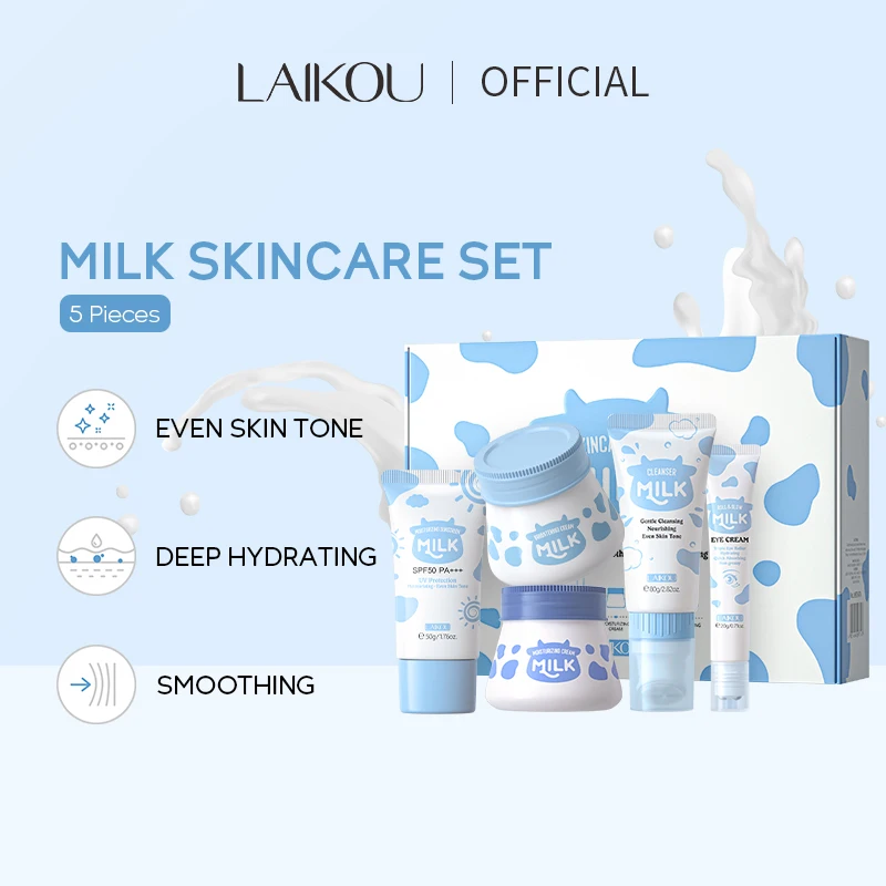 Moisturizing Reduce Fine Lines Brighten Skin Tone Face Care Toner Cream Cleanser Serum 5-PCS LAIKOU MILK SKINCARE SET