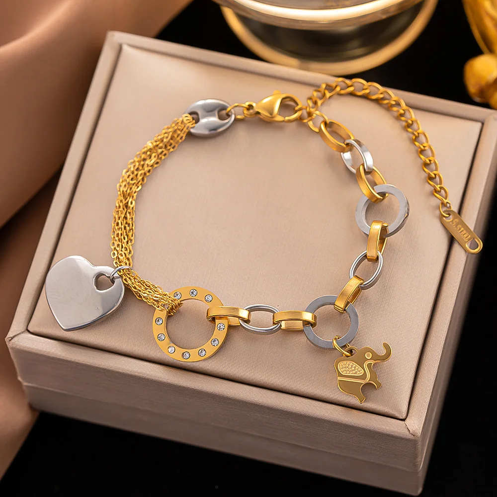 Nabest Stainless Steel Heart Pendant Bracelet Jewelry Women Waterproof 18K  Gold Plated Cuban Chain Bracelets