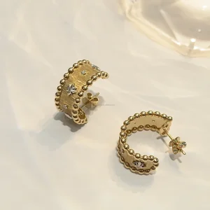 GEMLOVE Queen Style 18K Gold 5.67g Lab Diamond Earrings - French Vintage Buckle Hoops with Brushed Finish