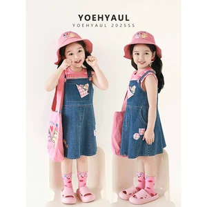 YOEHYAUL X5168 Summer Knee Length Girls Denim Dress for Children Casual Straight Baby Girl Overall Dress