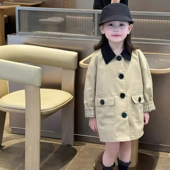 2025 Autumn New Korean-style Children's Clothing Girls British Retro Color-blocking Collar with Double Pockets Mid-length Coat