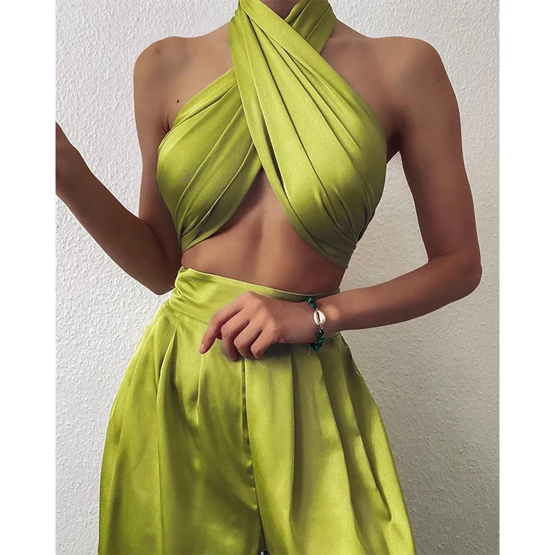 Conjunto De Dos Piezas Formado Por Top Y Pantalón,Para Mujer,Para Fiesta,Verano  - Buy Las Mujeres De Color Sólido Pecho Envuelto,Pantalones De Pierna Ancha  De Las Mujeres Mono Top Y Pantalones,Conjunto De Dos