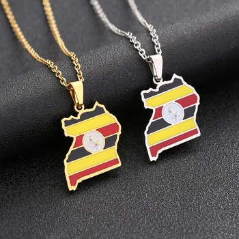 Enameled Uganda Map Chain Necklaces Stainless Steel 18K Gold Plated Enamel Uganda National Flag Map Pendant Necklace