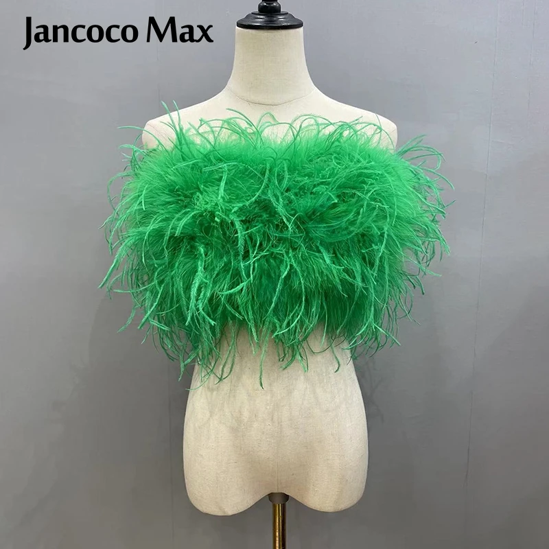 Jancoco Fluffy Crop Top - Black Feather Strapless Top