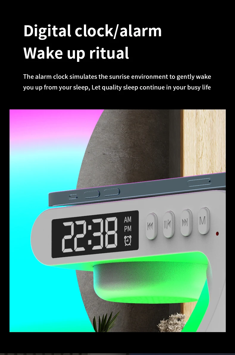 Bluetooth Speaker Atmosphere Table Lamp with Wireless Charger RGB Alarm Clock Ambient LED Night Light