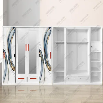 armoire almirah storage simple design 4 sliding couple cloth closet bedroom furniture steel metal wardrobes with mirrored doors