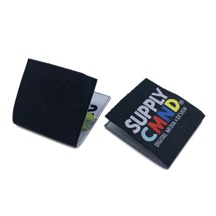 Private Custom Brand Name Logo Flag Woven Hem Label Tags With Center Loop Fold