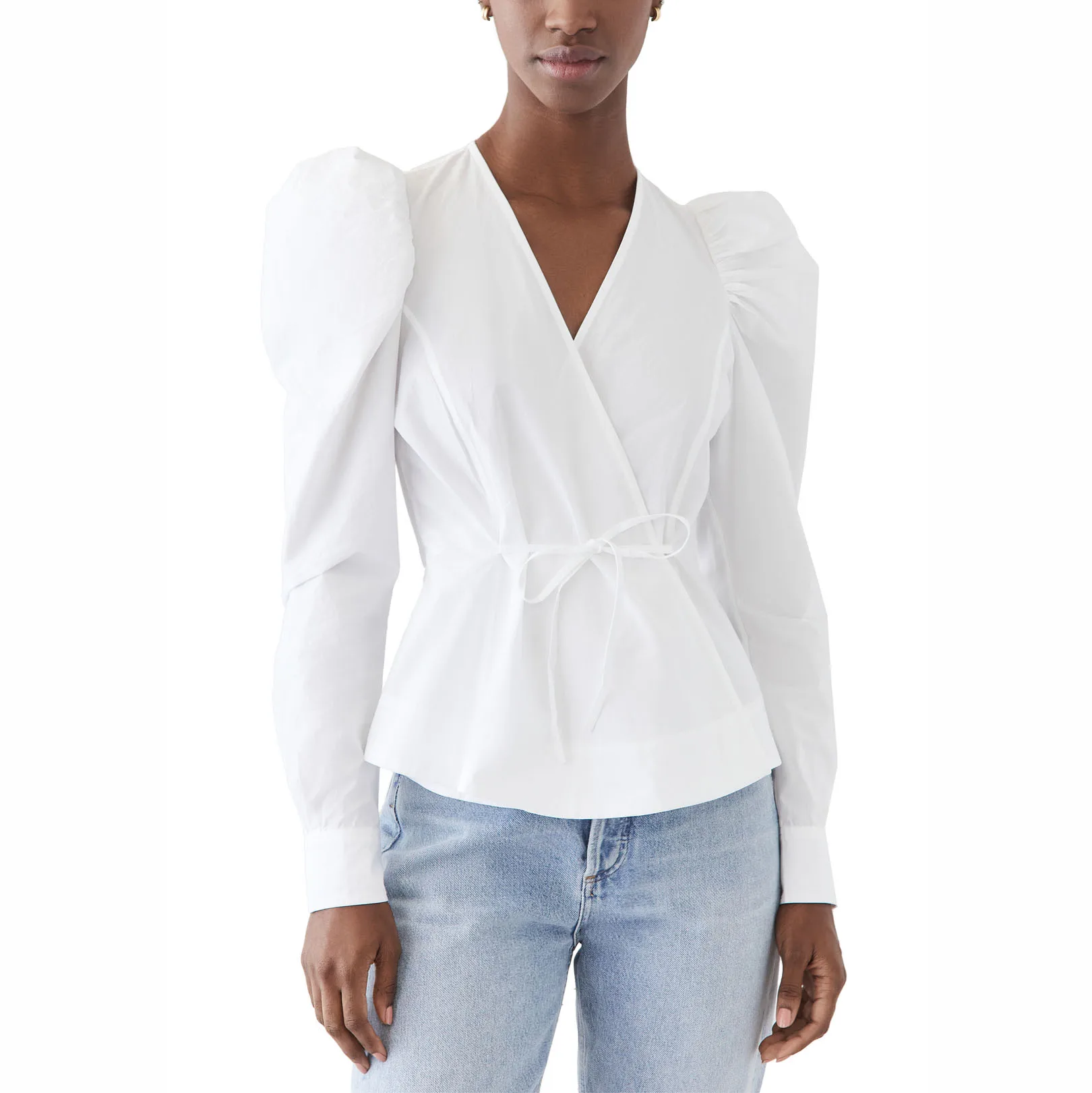 yimi custom women white lightweight v neck long puff sleeves